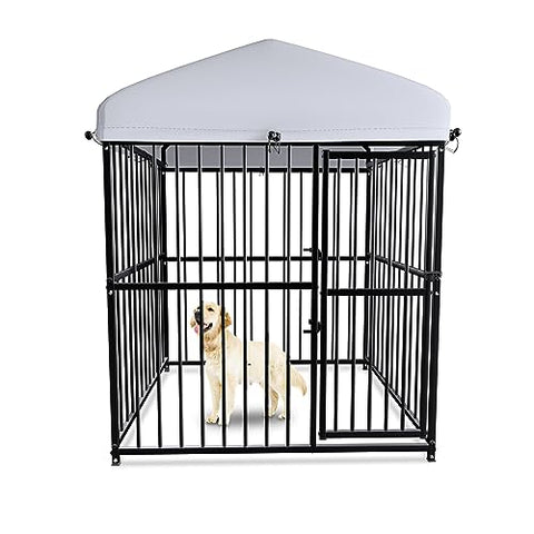 Outdoor Medium Wrought Iron Kennel Enclosure, Heavy Duty Playpen Pet Kennel with Waterproof UV Resistant Cover and Security Lock, 5.9' x 4.9' x 4.9', Black Black