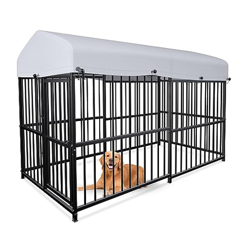 Outdoor Large Wrought Iron Kennel Enclosure, Heavy Duty Playpen Pet Kennel with Waterproof UV Resistant Cover and Security Lock, 7.8'x4'x5' Black